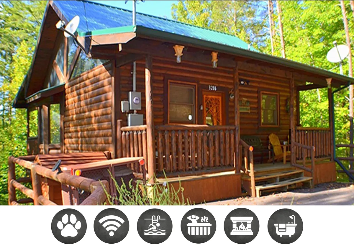 The hero image features a charming log cabin nestled among lush trees, with a classic green roof and a spacious wooden deck. The setting bathes in the warm glow of sunset, inviting guests to relax on the porch and soak in the peaceful atmosphere of the Smoky Mountains.